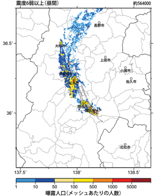 図4 糸魚川－静岡構造線断層帯中北部区間で発生する地震で震度6弱以上の揺れにさらされる人口の分布。右肩数字は図域内の曝露人口総数