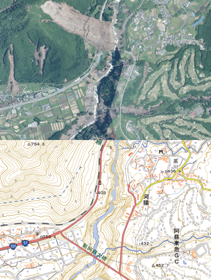 震災直後の航空写真（上）と現在の地図（地理院地図より）