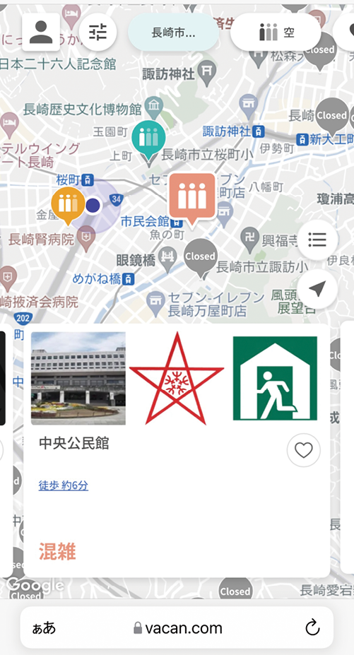 長崎市で導入した各避難所の混雑状況をスマートフォンの地図上で確認できるツール（長崎市提供）