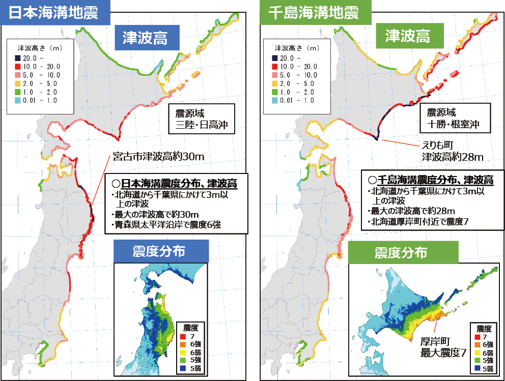 図1　日本海溝地震、千島海溝地震による津波高と震度分布