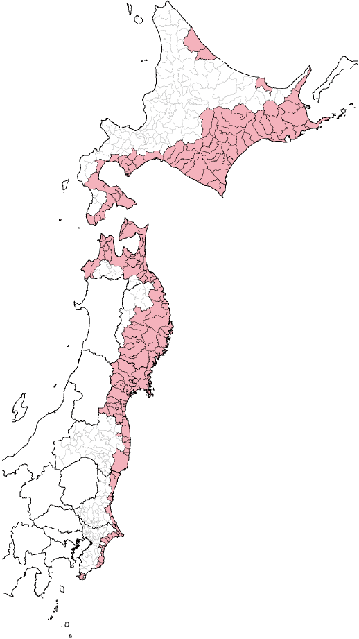 図３　北海道・三陸沖後発地震注意情報発信時に防災対応をとるべき地域