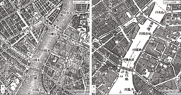 旧版地図による被災前後の地図。震災前（左）では中洲の渡しがあった付近に震災復興後（右）は清洲橋が架かっていることが確認できる
