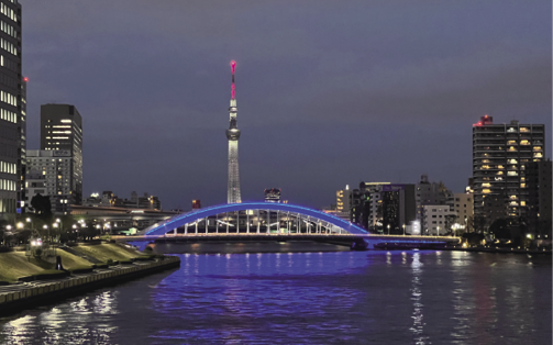 中央大橋からの永代橋の夜景。青く浮かんだアーチの内側に清洲橋のメインケーブルの白い灯がわずかに確認できる