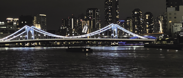 左岸上流側の隅田川テラスからの清洲橋の夜景。右橋に永代橋のアーチが青く浮かぶ