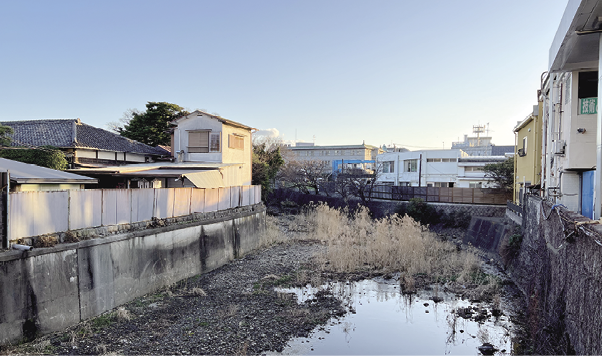 津波が遡上したとされる延命寺橋から下流方向を見る。写真側は当時水田だった