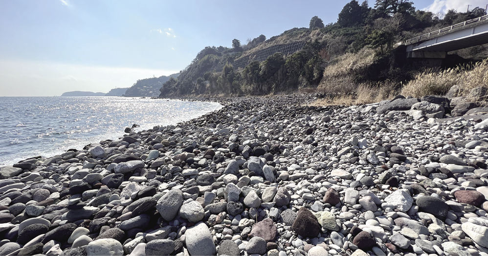 白糸川河口付近の海岸。左手から津波、右手から岩屑なだれが襲ってきた