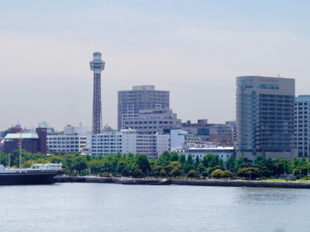 大桟橋から見た山下公園。マリンタワーや氷川丸などと並んで横浜を代表する観光スポットになっている
