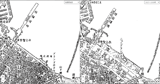 旧版地図による震災前後の地図。水上警察署の位置は変わっていないので、震災後（右）には山下公園の部分が埋め立てられていることがよくわかる