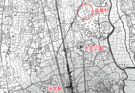 明治33年発行の2万分1迅速測図「大宮驛」で見る盆栽村の位置。松林や雑樹の記号が点在するこの土地に盆栽業者たちが移転してきた