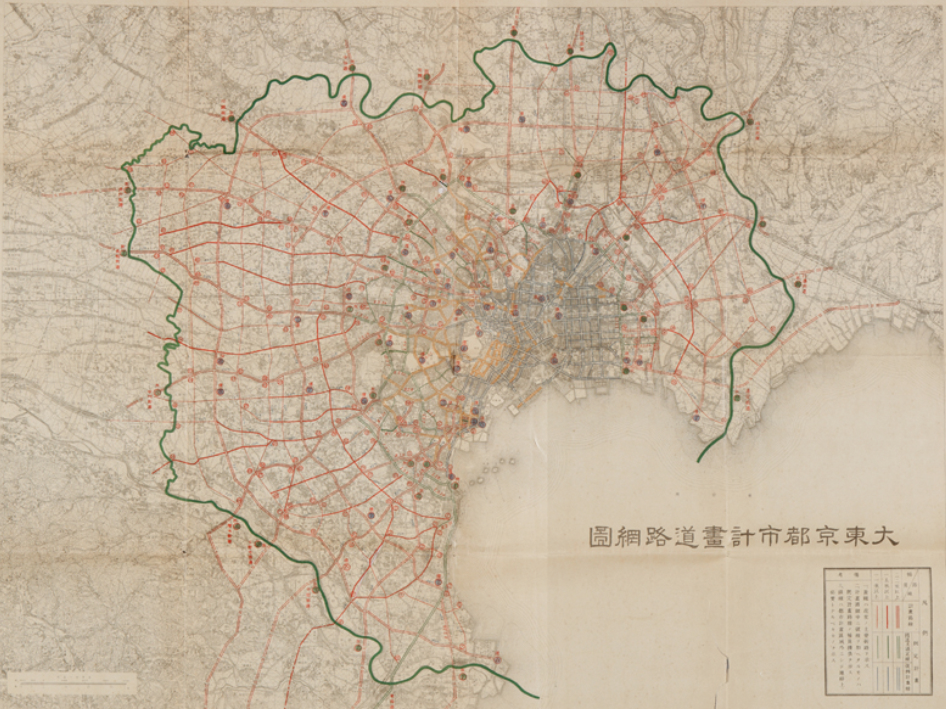 震災後に内務省復興局が作成した大東京都市計画道路網図(国立公文書館蔵)