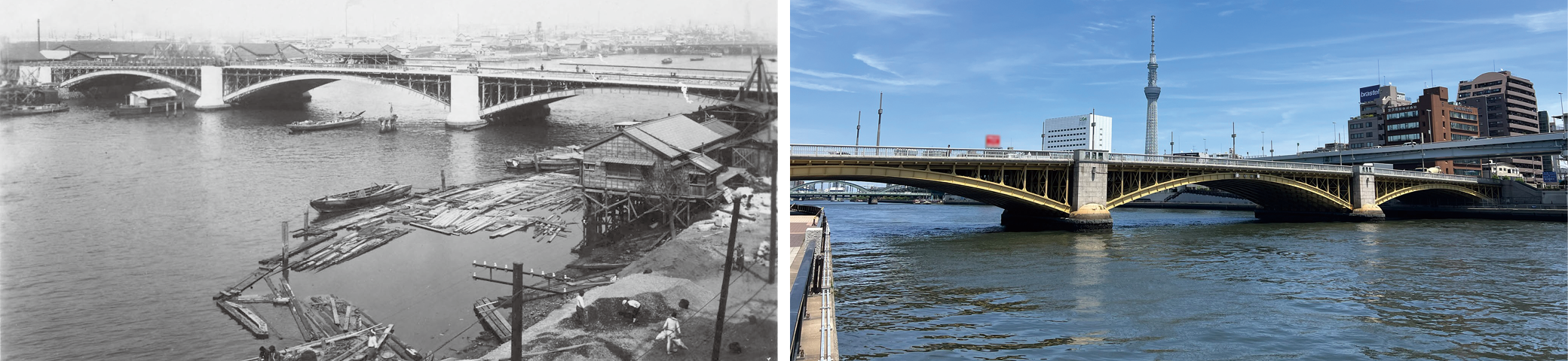復興橋梁として建設された蔵前橋。竣工前（左・土木学会附属土木図書館提供）と現在（右）の姿。