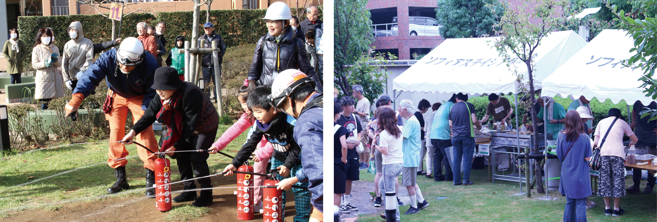 横須賀のマンションソフィアステイシアでの防災訓練(左)と夏祭り(右)の模様/地区防災計画に基づく防災活動と祭り等の地域活動が連携して実施されている(専修大学金思穎ゼミ提供)