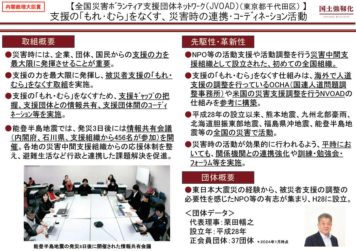 資料1: 全国災害ボランティア支援団体ネットワークの取組内容(内閣総理大臣賞)