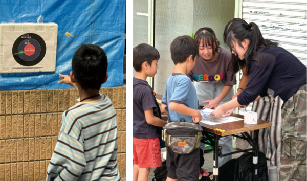 八幡東区の「中央町商店街」で子ども食堂との共同企画として実施した「あそぼうさい」。「災害ダーツ」等ユニークなプログラムにアカデミーメンバーも大活躍。