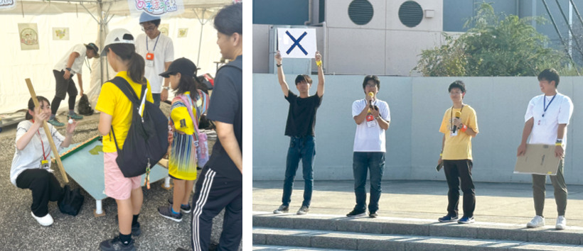 「防災の日」「救急の日」にちなんで地元のJリーグクラブ「ギラヴァンツ北九州」とのコラボ企画で実施されたスタジアム前広場での「あそぼうさい」の様子。「大雨前線ゴルフ」やステージでのアカデミーによる○×クイズも。