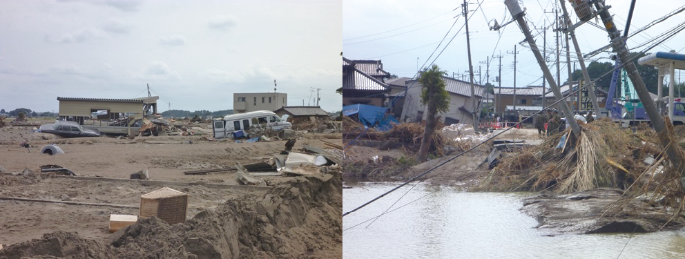 決壊地点周辺の被害状況（常総市提供）