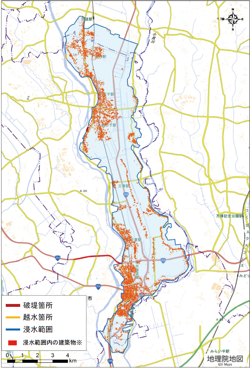 9月12日15:30時点までの茨城県常総市付近の推定浸水範囲（国土地理院）