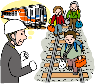 線路歩く被災者見て、「動かせるところから動かそう」と決意のイラスト