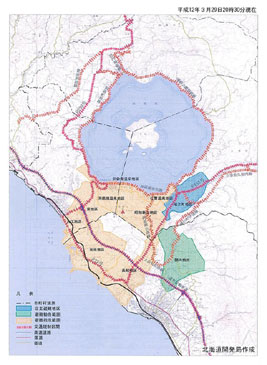 避難指示区域図(2000/3/29,3/31)(提供：北海道開発局)